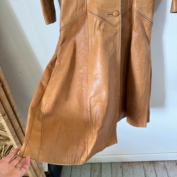 Vintage 70s Brown Leather Maxi Coat Chevron Stitching Retro Boho Womens XS - Picture 6 of 13
